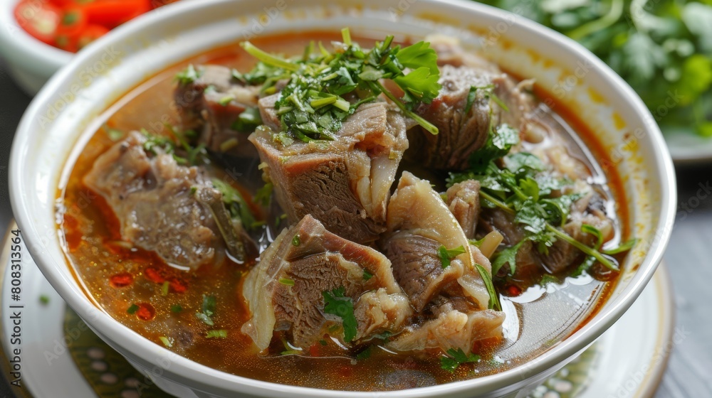 A dish of Bruneian cuisine. Kambing soup is boiled mutton with herbs. A dish of Bruneian cuisine. Kambing soup is boiled mutton with herbs.