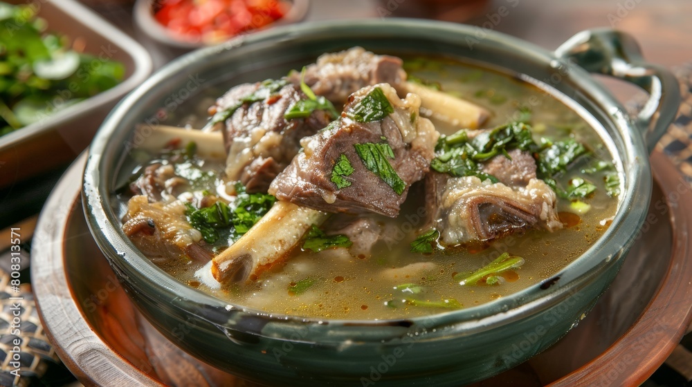 A dish of Bruneian cuisine. Kambing soup is boiled mutton with herbs.