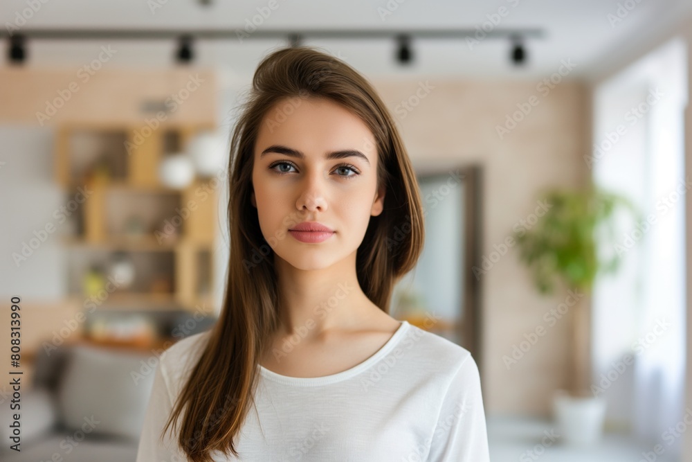 Young woman with a subtle smile stands in a well-lit modern home, exuding calmness and confidence with her soft gaze and casual pose against a stylish background Young woman with a subtle smile stands in a well-lit modern home, exuding calmness and confidence with her soft gaze and casual pose against a stylish background