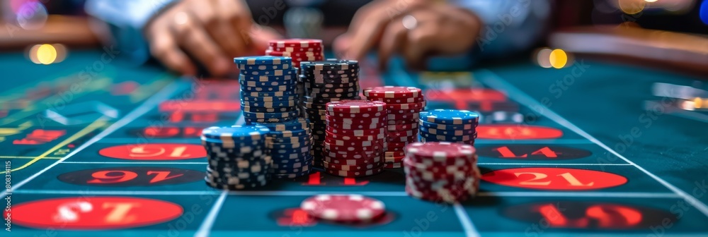 Focused gambler at casino table: Towering stack of poker chips