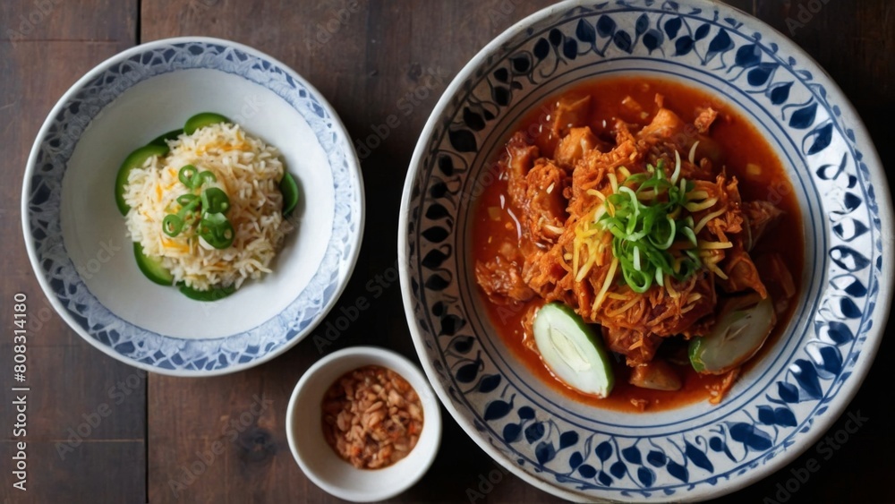A plate of rice with fresh kimchi A plate of rice with fresh kimchi