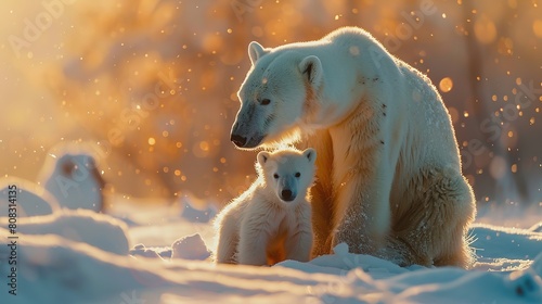 polar bear family, mother and baby together relax on snow. clean and bright white snowfield background with golden sun light. photo