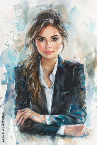 portrait of beautiful young woman in a suit, watercolor style