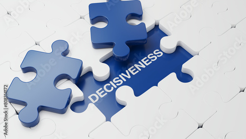 Decisiveness word revealed through jigsaw puzzle. Business solution interlocking. Important decision-making. Determination to resolve and execute a plan. photo