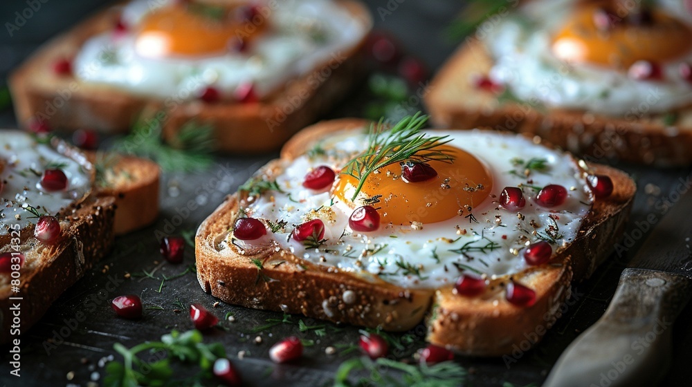   A close-up of bread with an egg on top and garnished with pomegranates