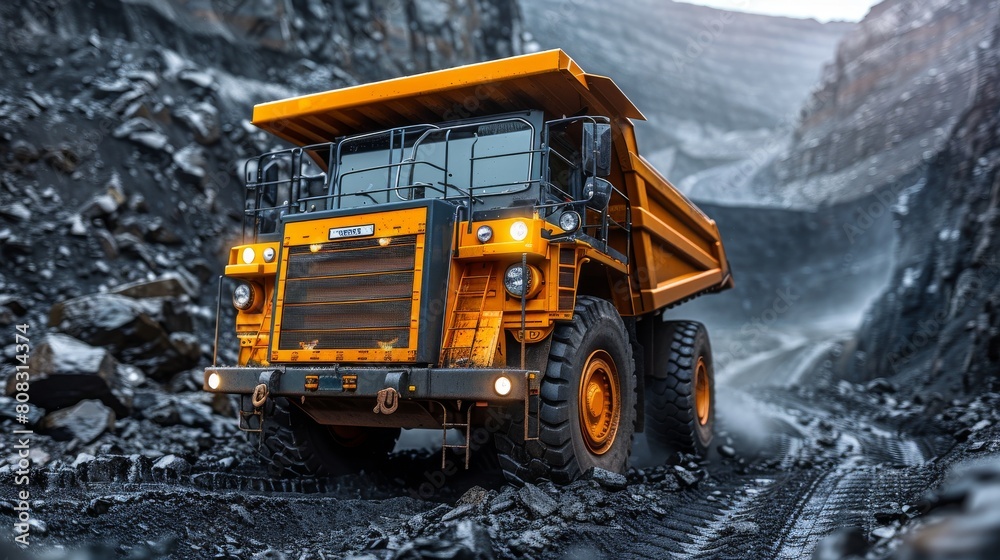 Mine industry with a big yellow mining truck for coal anthracite.