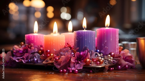 Burning candles on wooden table in dark room  space for text