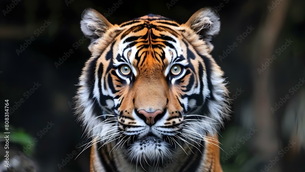 Fototapeta premium Vibrant Tiger Head Closeup with Wide Eyes for Wallpaper Design. Concept Tiger Photography, Animal Closeup, Wildlife Wallpaper, Eye-catching Design