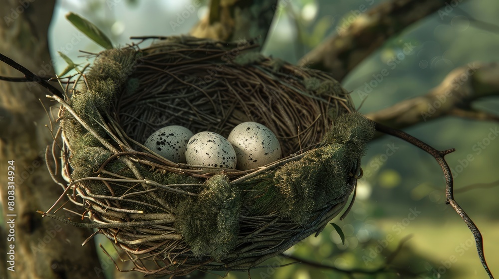 Birds nest with three eggs in the middle of tree realistic
