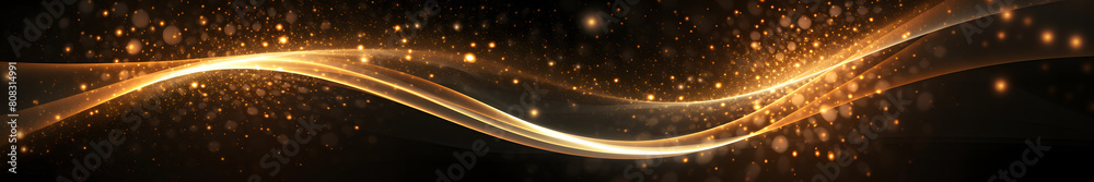 Gold wave with sequins in black background space. Black large format banner Gold wave with sequins in black background space. Black large format banner