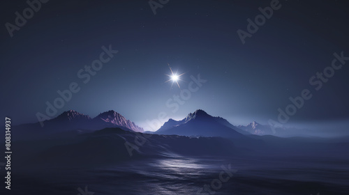 night sky with bright Sirius star shining over misty and mysterious mountains, simple and minimalistic, atmospheric perspective