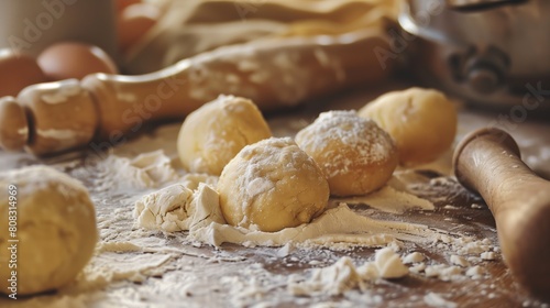 Raw donut dough with rolling pin and eggs on wooden table, close-up. National Donut Day