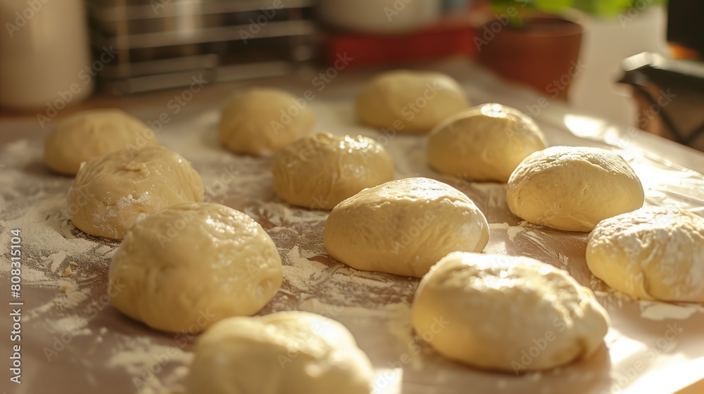 Blanks of buttered dough for making donuts on a wooden board sprinkled with flour. National Donut Day