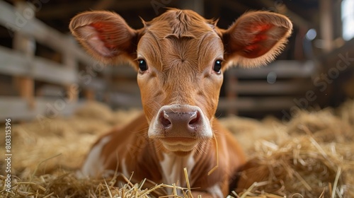 The image shows a portrait of three red-ribbon cows eating hay from a stall. Dairy farm livestock industry.