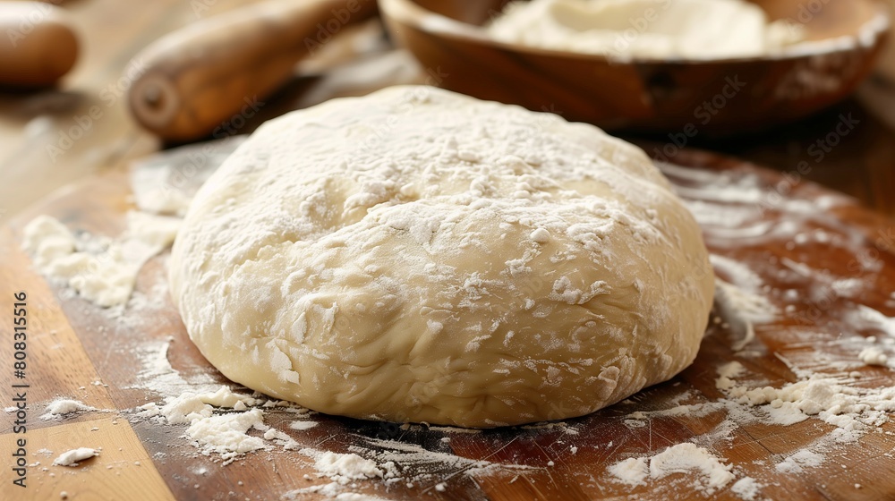 Raw dough with flour and rolling pin on wooden board, closeup. Dough for making donuts. National Donut Day Raw dough with flour and rolling pin on wooden board, closeup. Dough for making donuts. National Donut Day
