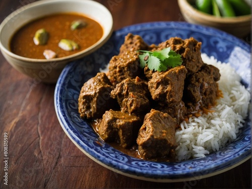 A plate of rice and beef rendang, a typical Indonesian Minangkabau dish, beef cooked in coconut milk and rich in spices.
