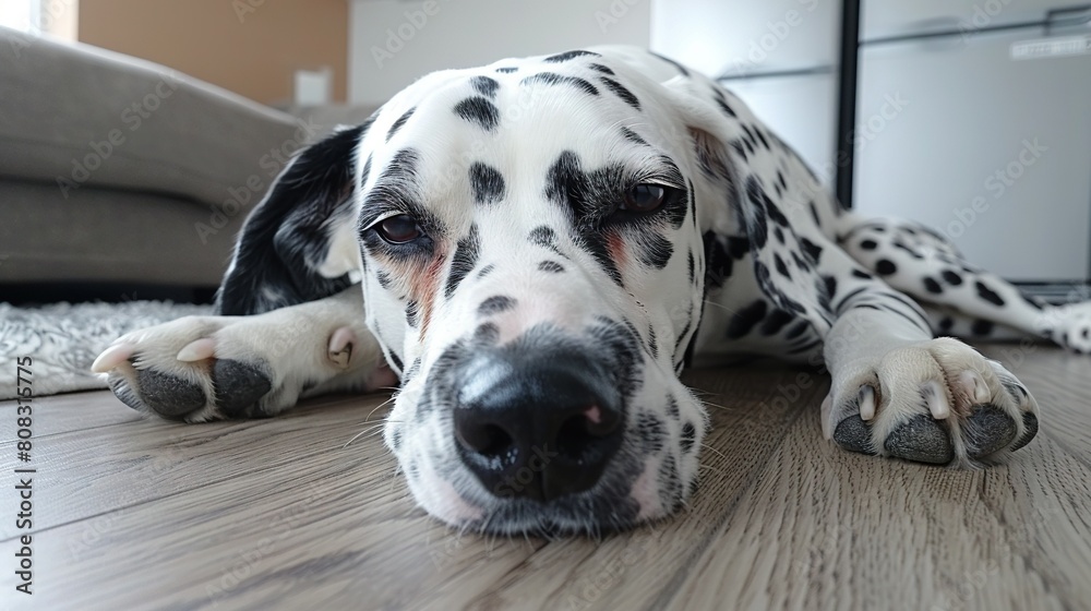 A Dalmatian dog rests on the floor with its paws outstretched to the sides, facing the camera with a serene expression A Dalmatian dog rests on the floor with its paws outstretched to the sides, facing the camera with a serene expression