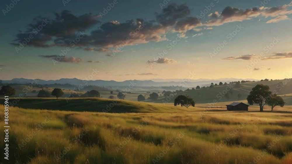 Golden Sunrise Over Rolling Hills, Farmland, and Trees in Rural Landscape Golden Sunrise Over Rolling Hills, Farmland, and Trees in Rural Landscape