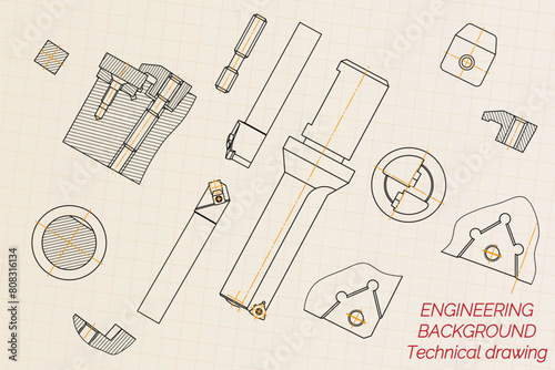 Mechanical engineering drawings on light background. Tap tools, borer, cutting tools, milling cutter. Technical Design. Cover. Blueprint. Vector illustration.