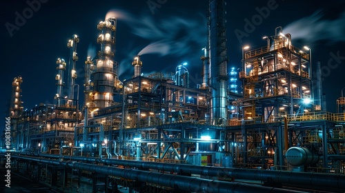 A large industrial plant with many pipes and a lot of smoke