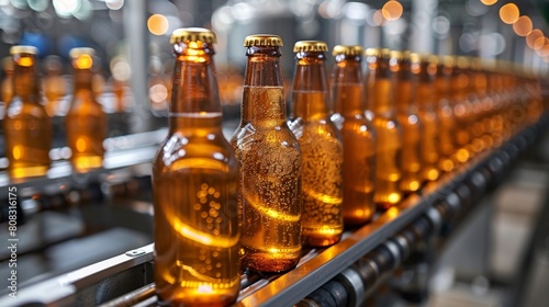 The modern production line of a brewery with brown glass beer drink alcohol bottles.