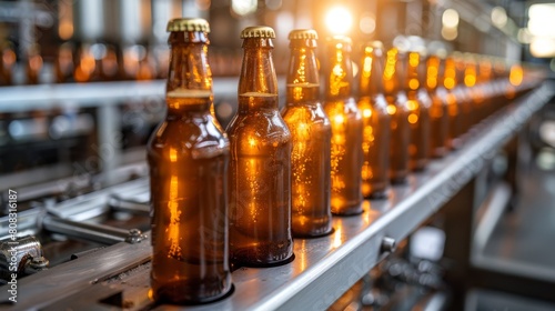 A brown glass beer drink alcohol bottle  a brewery conveyor  and a modern production line.