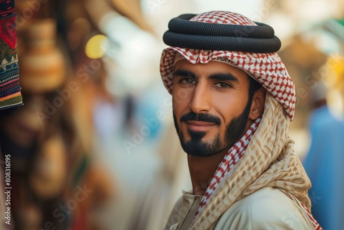 Cheerful man in a keffiyeh and agal poses confidently in a vibrant market setting photo