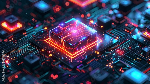 A computer chip with a red and blue glow