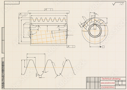 Mechanical engineering drawings on light background. Cutting tools, milling cutter. Technical Design. Cover. Blueprint. Vector illustration.