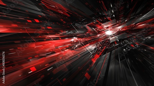 A red and black abstract painting with a lot of lines and shapes