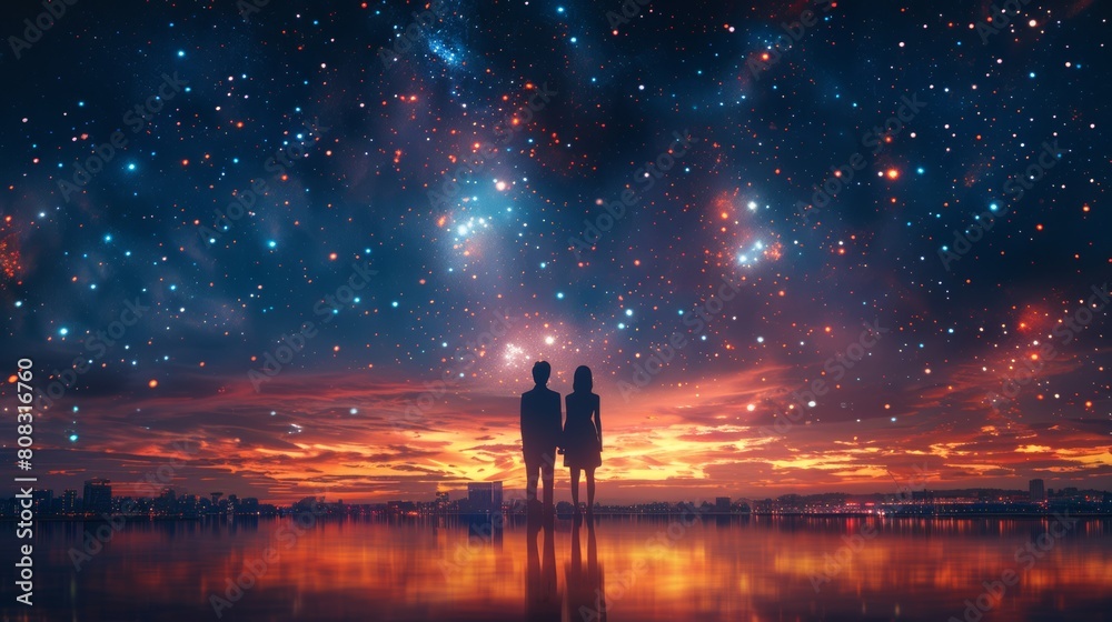 Night city horizon and starry sky backdrop with lovers on roof. Concept is first love, date on roof.