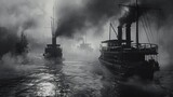 Black and white photo, vintage steamboats navigating through a misty river, haunting, moody atmosphere, fog rolling in realistic