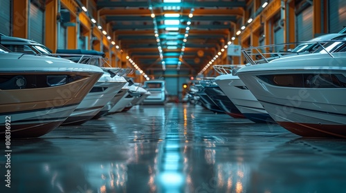 Under the winter awning, boats are stored. On the boat pier, a warehouse is ready for winter storage. photo