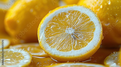   A macro of a cut-up lemon on a plate with wet lemons on top photo