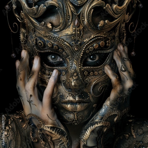 A dancer with golden body paint wears an ornate mask and poses with dramatic lighting against a black background