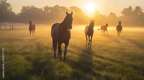Thoroughbred horses walking in a field at sunrise.
