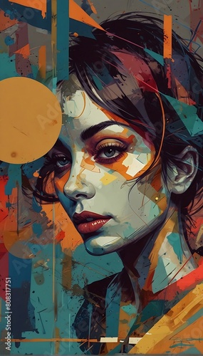 A vividly chaotic image portraying the turbulent and disordered inner workings of a restless women mind. Bold, dynamic lines intersect fragmented shapes, creating distorted perspectives in a black and