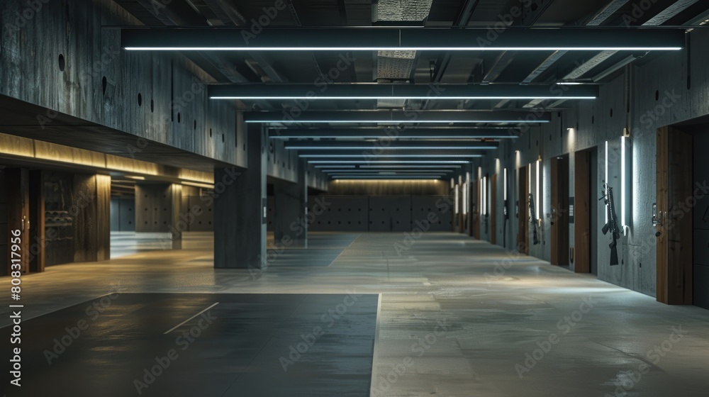 Stand at the indoor shooting range.
Stand at the indoor shooting range.