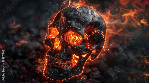 black skull with fire on black background realistic