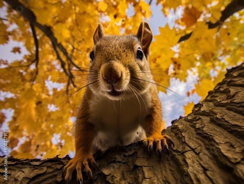 curious squirrel in autumn forest