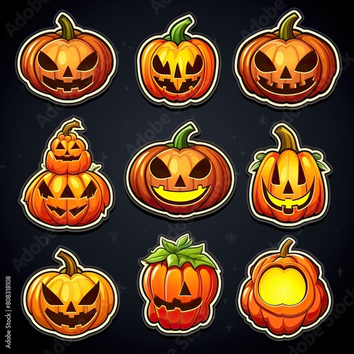 Colorful Collection of Pumpkin Stickers on Black Background. A vibrant set of pumpkin illustrations in various shapes and colors, presented as stickers on a black background.