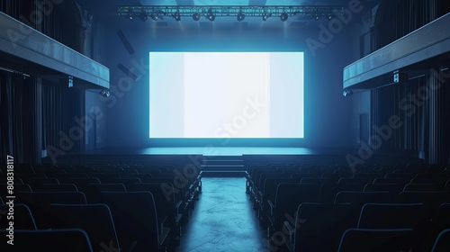 The front view of a big blank white illuminated screen with space for text or logo and blue backlighting is depicted in this 3D rendering, set in an empty hall with a scene, stairs, and rows of seats.