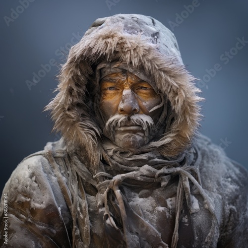weathered face of a rugged individual in cold environment