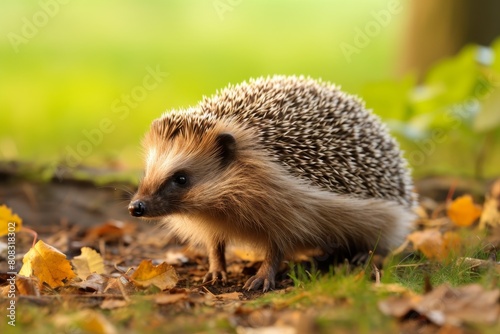 Cute hedgehog in autumn leaves