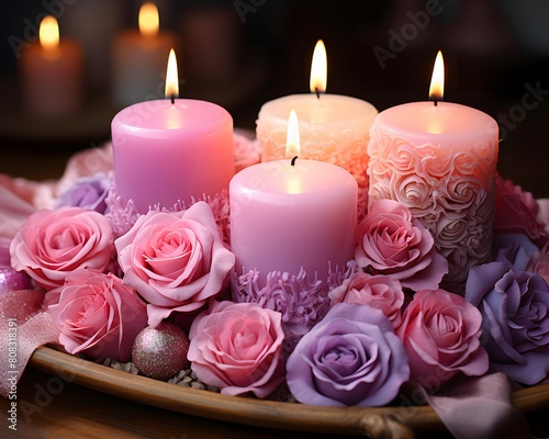 Beautiful spa composition with candles and flowers on wooden table, closeup