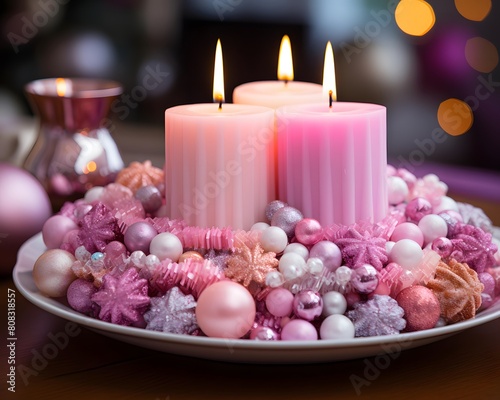 Candles on a plate with Christmas decorations on the background of the Christmas tree