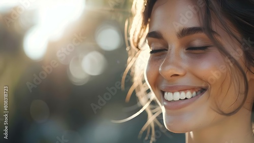 Portrait of a smiling woman illuminated by sunlight. Concept Outdoor Photoshoot, Natural Light, Portrait Photography, Happy Woman, Sunlit Portrait