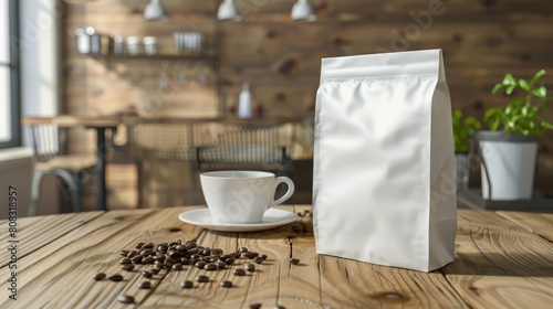 blank paper coffee bag mockup on wooden table realistic