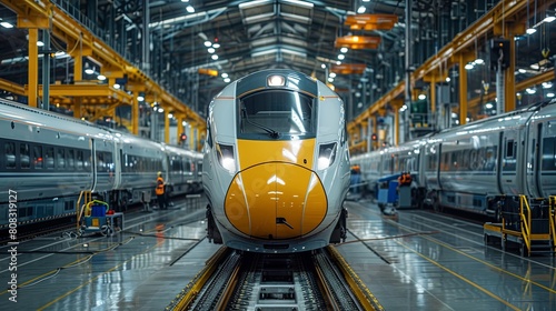 A train is in a train station with a yellow and white color photo