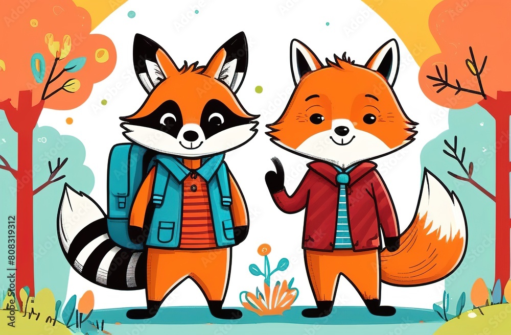 Fototapeta premium Cartoon illustration of a fox and a raccoon with backpacks standing together
